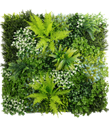 The Artificial Hedge Cloe 100x100 cm UV er en firkantet lodret have med en blanding af frodige grønne planter og bregner med varierede bladformer, størrelser og nuancer for en tæt, struktureret og livlig løvvæg.