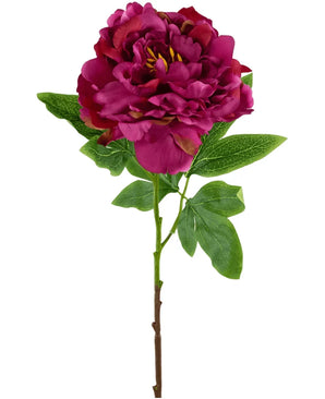 Artificial Flower Peony 61 cm pink er en enkelt kunstig blomst i form af en pæon i mørk pink med lagdelte kronblade og grønne blade på en brun stilk, afbildet mod en hvid baggrund.