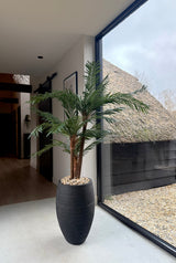 Artificial Palm Cycas Classic 135 cm i en slank dekorativ potte placeres nær et stort vindue med dagslys. Udenfor kan man se stråtag og grus. Interiøret er moderne og minimalistisk.