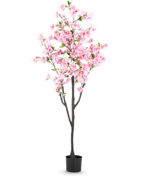 Artificial Cherry Blossom 180 cm pink har lyserøde blomster og grønne blade i en lille sort potte, mod en almindelig hvid baggrund.