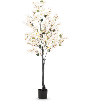 Artificial Bougainvillea 180 cm hvid er et højt kunstigt træ med mørke grene, små grønne blade og hvide LED-lys i en simpel sort potte, mod en almindelig hvid baggrund.