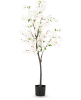 The Artificial Cherry Blossom 150 cm hvid er et højt kunstigt kirsebærtræ med sarte hvide blomster og små grønne blade i en enkel sort potte, afbildet mod en almindelig lys baggrund.
