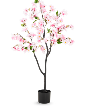 Kunstig kirsebærblomst 120 cm pink med lyserøde blomster og grønne blade i en sort krukke, lavet af silkeblomster for et realistisk look, mod en hvid baggrund.