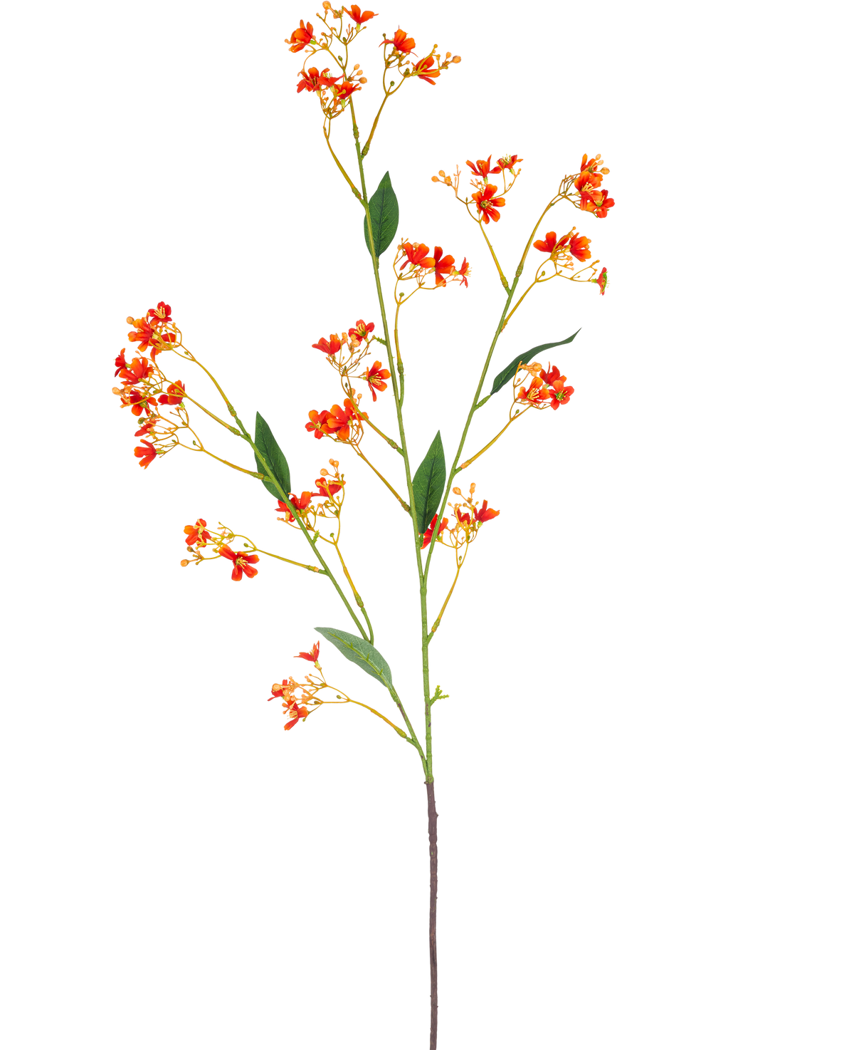 Artificial Branch Daphne Spray 108 cm orange har en enkelt, lang kunstig gren med små lys orange blomster og grønne blade, mod en almindelig hvid baggrund.