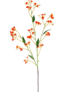 Artificial Branch Daphne Spray 108 cm orange har en enkelt, lang kunstig gren med små lys orange blomster og grønne blade, mod en almindelig hvid baggrund.