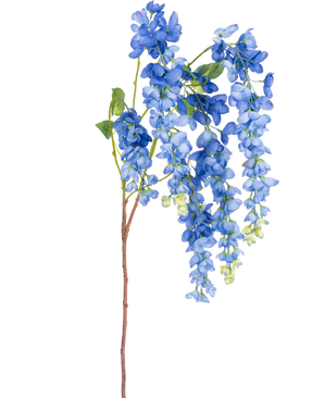 En enkelt 115 cm kunstig Wisteria-stængel med levende blåregnblomster og grønne blade på en lang, slank brun stilk, isoleret på en hvid baggrund.