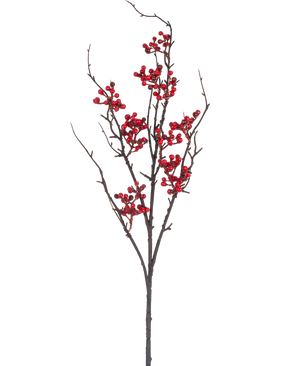 Artificial Branch Berry 93 cm rød har en bar brun gren med flere udløbere og klaser af knaldrøde bær mod en almindelig hvid baggrund.