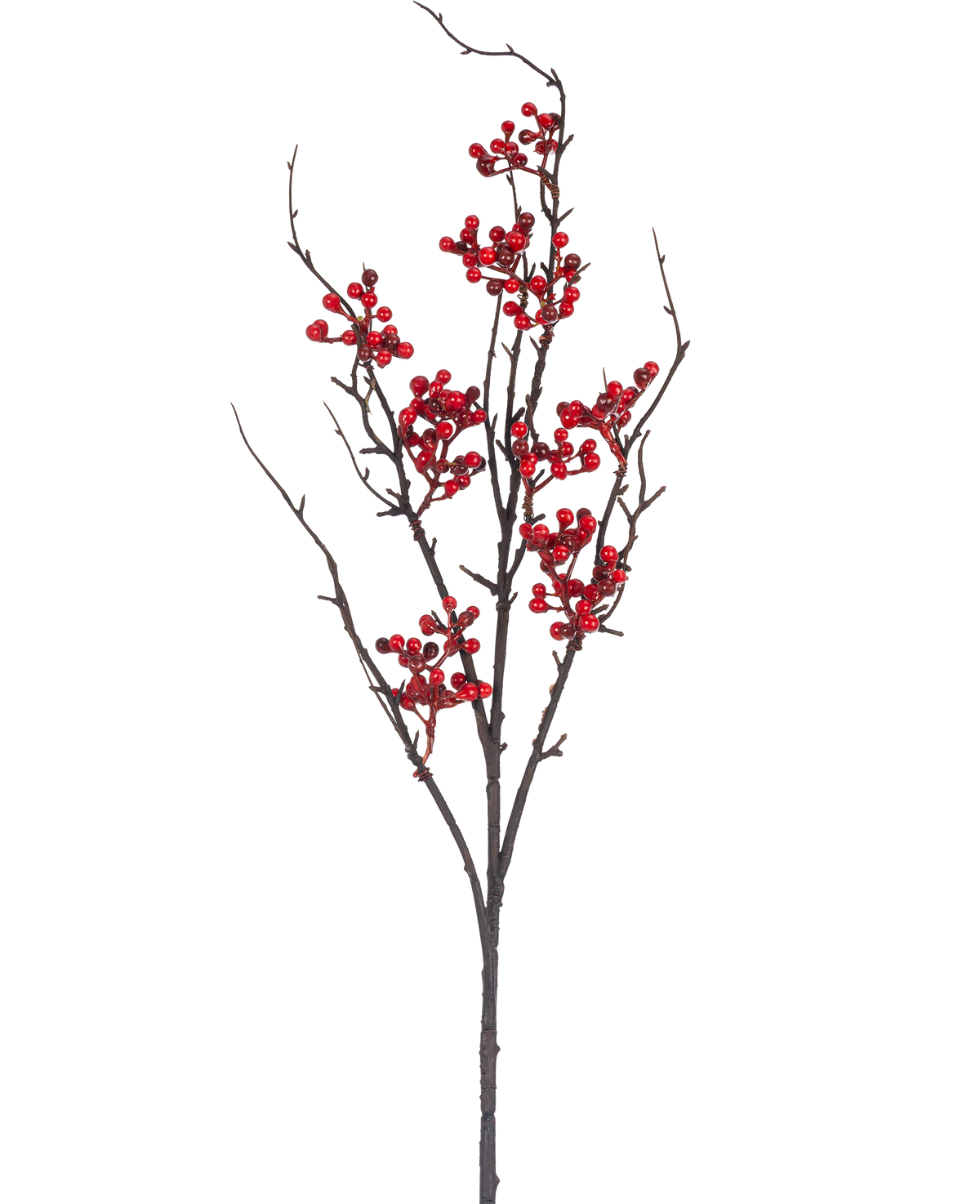 Artificial Branch Berry 93 cm rød har en bar brun gren med flere udløbere og klaser af knaldrøde bær mod en almindelig hvid baggrund.