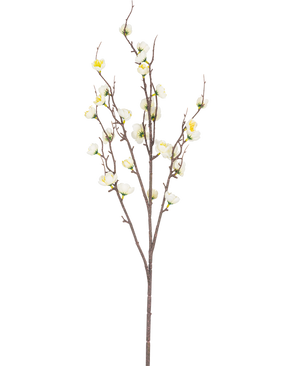 Den kunstige japanske kirsebærblomst 94 cm hvid har en enkelt brun gren med flere tynde skud og små hvide kunstige kirsebærblomster, mod en almindelig hvid baggrund.