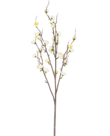 Den kunstige japanske kirsebærblomst 94 cm hvid har en enkelt brun gren med flere tynde skud og små hvide kunstige kirsebærblomster, mod en almindelig hvid baggrund.