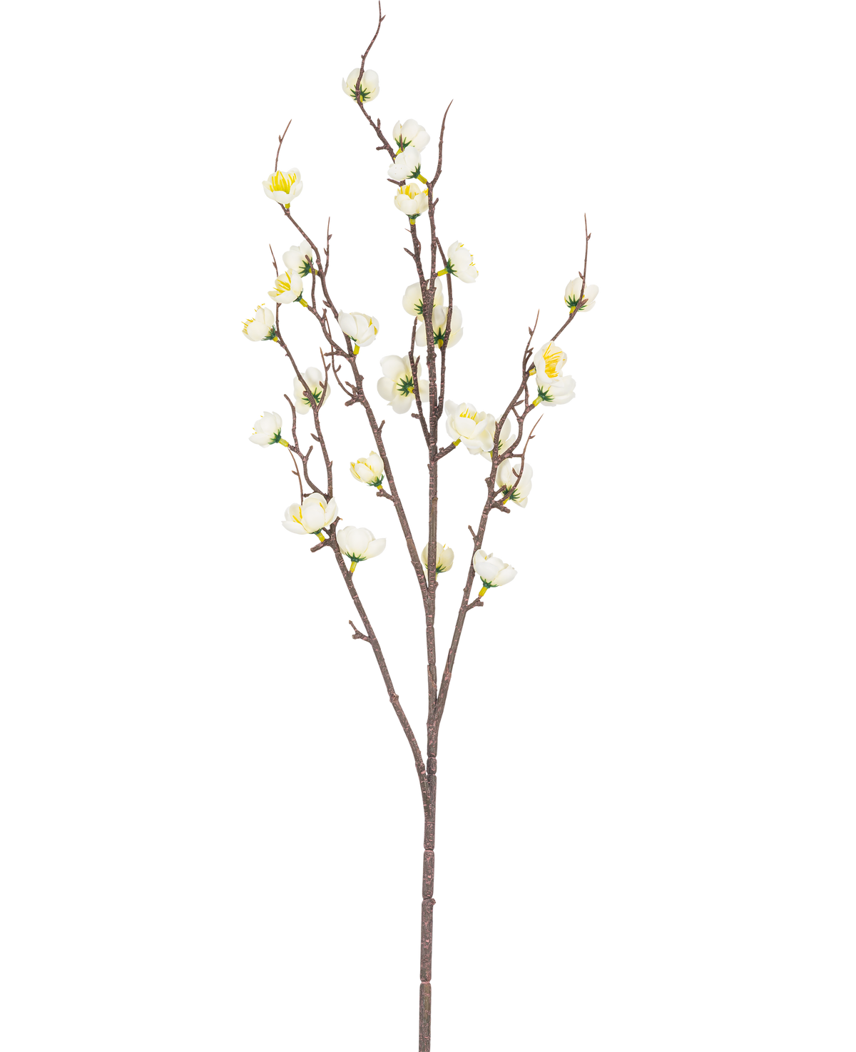 Den kunstige japanske kirsebærblomst 94 cm hvid har en enkelt brun gren med flere tynde skud og små hvide kunstige kirsebærblomster, mod en almindelig hvid baggrund.