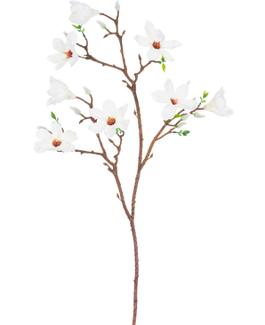 Den kunstige Magnolia lille blomstret 89 cm hvid har en enkelt brun gren med flere udløbere, med flere åbne hvide blomster med et lys pink hjerte og små grønne blade, mod en almindelig hvid baggrund.