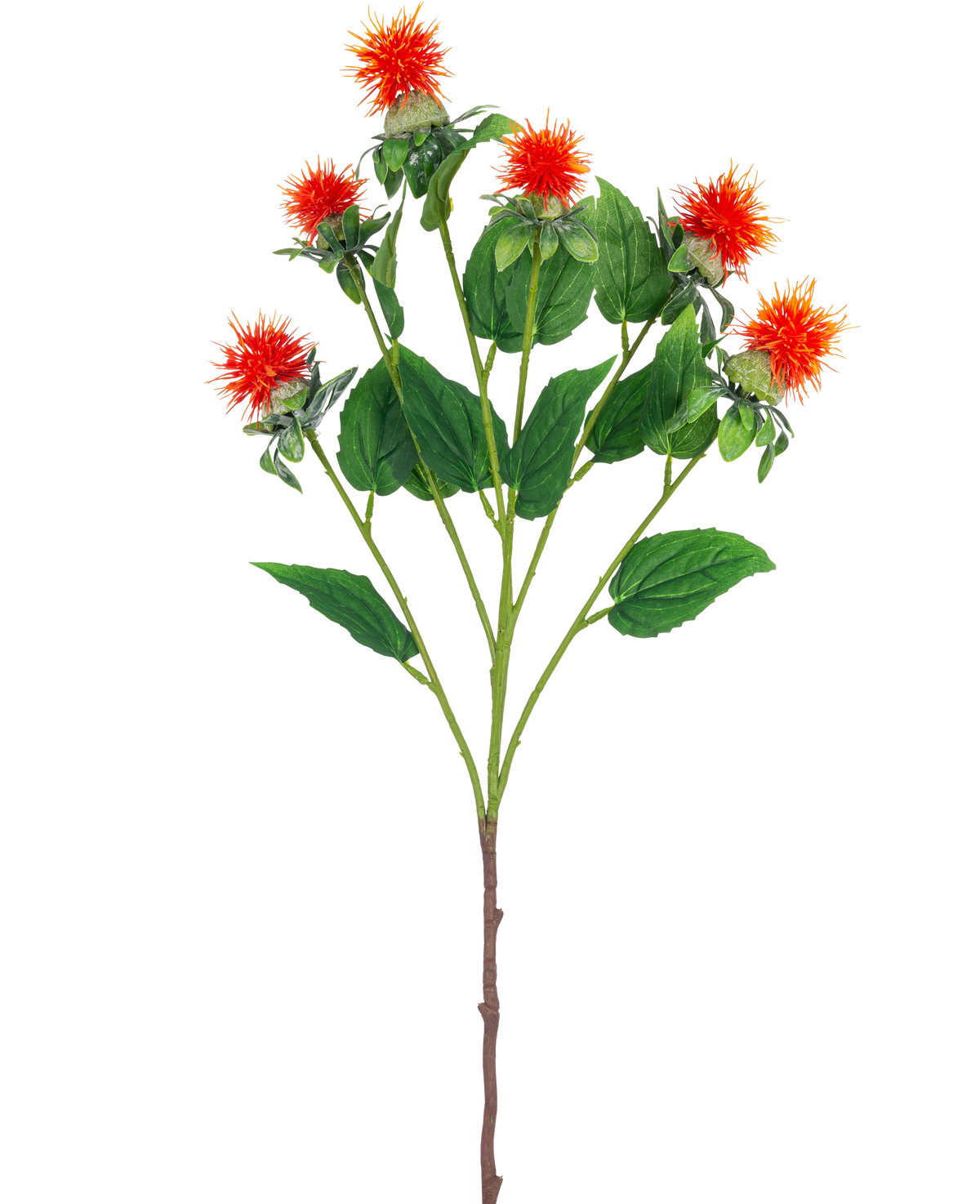 Artificial Flower Safflower 79 cm orange har en enkelt stilk med flere grene, hver med piskede orangerøde og gule blomster med grønne blade, mod en hvid baggrund.