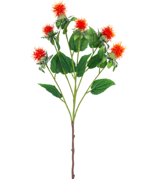 Artificial Flower Safflower 79 cm orange har en enkelt stilk med flere grene, hver med piskede orangerøde og gule blomster med grønne blade, mod en hvid baggrund.