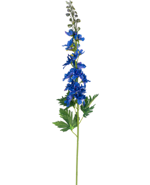 En enkelt stilk Kunstig blomst Delphinium 79 cm blå med blå blomster og grønne delte blade, mod en almindelig hvid baggrund.