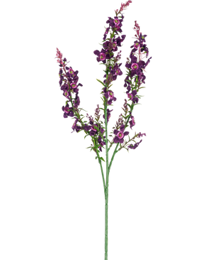 Artificial Flower Catnip 75 cm pink er en enkelt kunstig stilk med tre grene af lyserøde og lilla blomster og grønne blade, isoleret på en hvid baggrund.