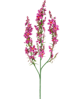 En Artificial Flower Catnip 75 cm lys pink har en enkelt grøn stilk med tre grene, hver med klaser af små, lys pink blomster og grønne blade, mod en almindelig hvid baggrund.