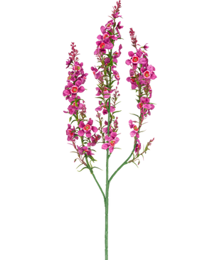 En Artificial Flower Catnip 75 cm lys pink har en enkelt grøn stilk med tre grene, hver med klaser af små, lys pink blomster og grønne blade, mod en almindelig hvid baggrund.