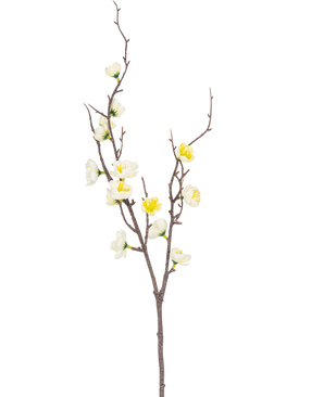 Den kunstige gren Prunus 78 cm hvid har en enkelt brun gren med flere udløbere, dekoreret med små hvide og gule blomster, mod en almindelig hvid baggrund.