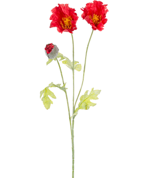 Den kunstige blomstervalmue 73 cm rød har en enkelt grøn stilk med to åbne røde valmueblomster, en delvist lukket rød knop og lysegrønne blade, alt sammen mod en almindelig hvid baggrund.