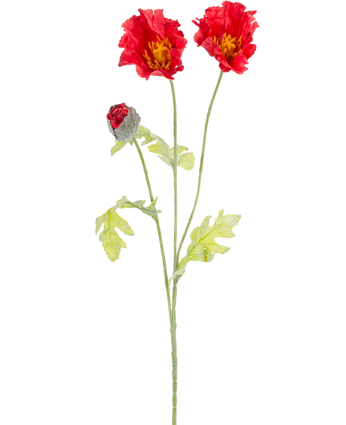 Den kunstige blomstervalmue 73 cm rød har en enkelt grøn stilk med to åbne røde valmueblomster, en delvist lukket rød knop og lysegrønne blade, alt sammen mod en almindelig hvid baggrund.