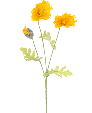 Den kunstige blomstervalmue 73 cm gul har en stilk med tre levende gule kunstige valmuer, en lukket knop og lysegrønne blade, afbildet mod en almindelig hvid baggrund.