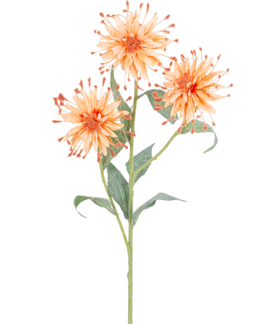 En kunstig blomst Scabiosa Japonica 70 cm ferskenstilk med tre orange kunstige blomster, spidse kronblade og grønne blade, afbilledet mod en hvid baggrund.