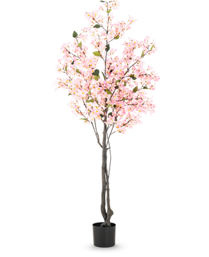 Kunstig plante Bougainvillea 180 cm pink med flere grene fulde af små lyserøde blomster og grønne blade i en enkel sort potte, mod en hvid baggrund.