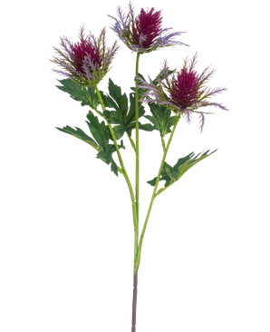Artificial Branch Thistle 67 cm lilla har en enkelt stilk med tre spidse, lilla tidsellignende blomster og uregelmæssige grønne blade mod en hvid baggrund.