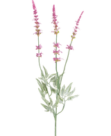 Den kunstige gren lavendel 66 cm lilla har en enkelt stilk med tre høje, slanke pigge af små lilla blomster og flere grønne, takkede blade mod en hvid baggrund.