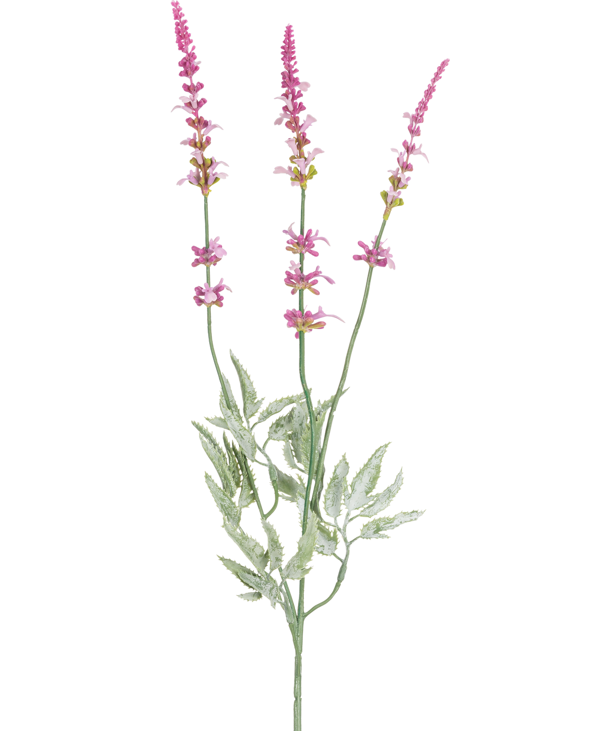 Den kunstige gren lavendel 66 cm lilla har en enkelt stilk med tre høje, slanke pigge af små lilla blomster og flere grønne, takkede blade mod en hvid baggrund.