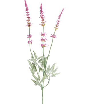 Den kunstige gren lavendel 66 cm lilla har en enkelt stilk med tre høje, slanke pigge af små lilla blomster og flere grønne, takkede blade mod en hvid baggrund.
