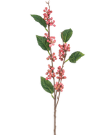 Artificial Branch Berries 64 cm pink har flere klaser af små, runde pink bær med grønne takkede blade på tynde brune stængler, alle isoleret mod en hvid baggrund.