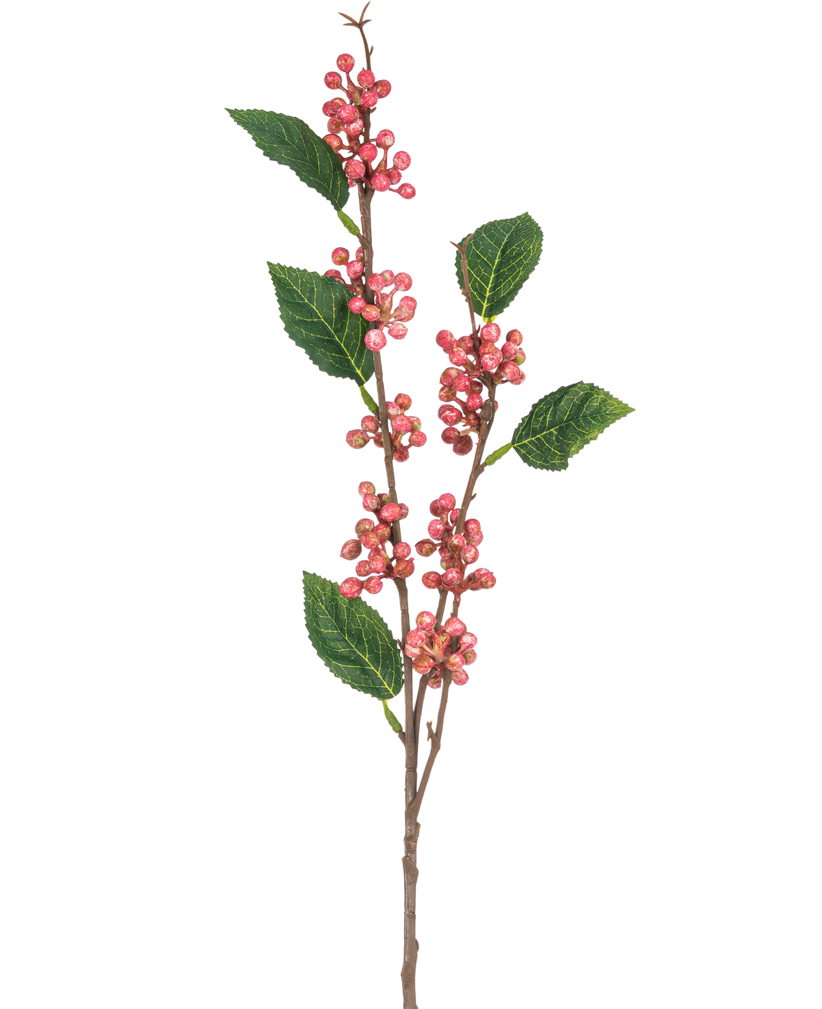 Artificial Branch Berries 64 cm pink har flere klaser af små, runde pink bær med grønne takkede blade på tynde brune stængler, alle isoleret mod en hvid baggrund.