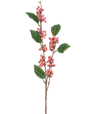Artificial Branch Berries 64 cm pink har flere klaser af små, runde pink bær med grønne takkede blade på tynde brune stængler, alle isoleret mod en hvid baggrund.
