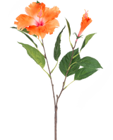 Artificial Flower Hibiscus 64 cm orange har en enkelt stilk med grønne blade og to orange blomster, en fuldt blomstret og en i knopform, på hvid baggrund.