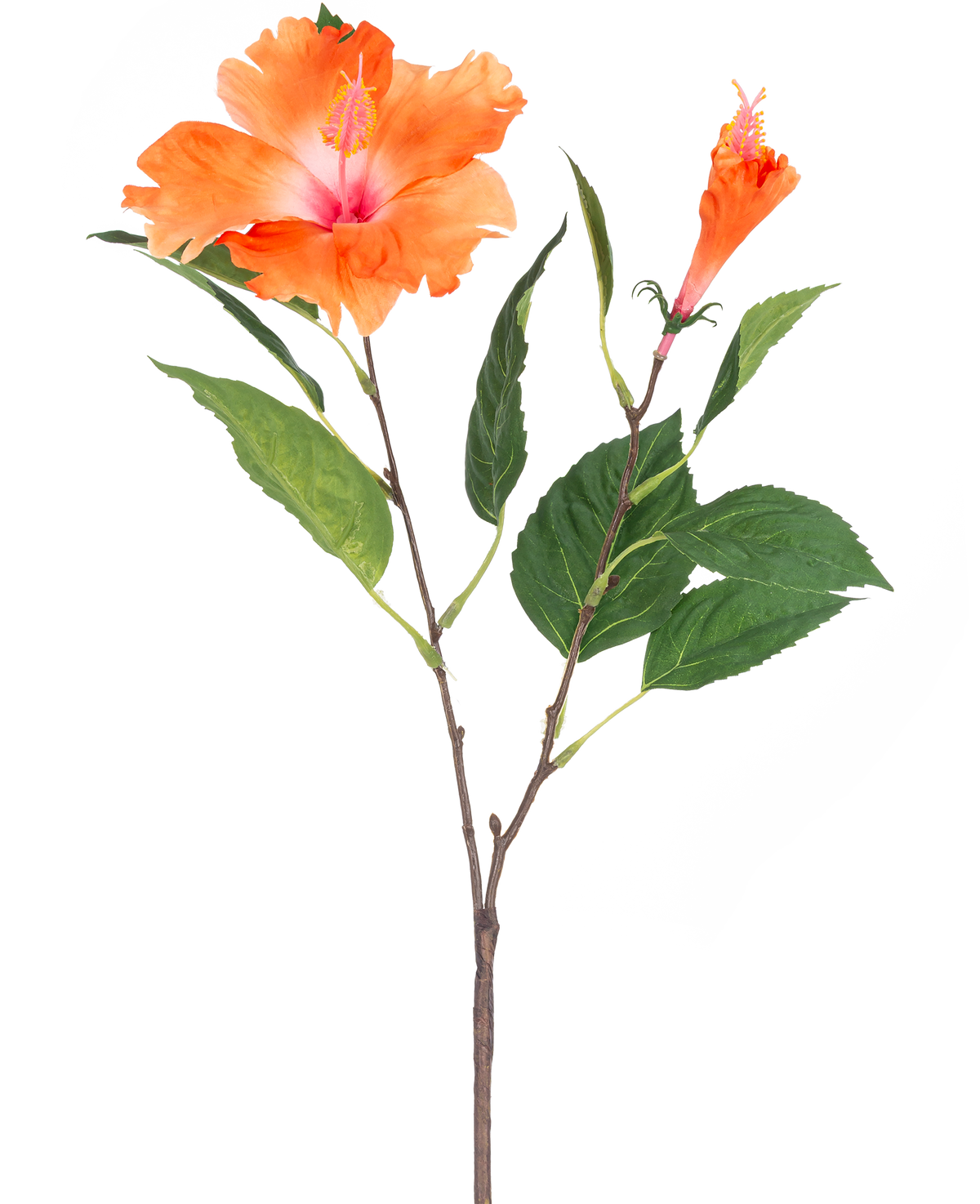Artificial Flower Hibiscus 64 cm orange har en enkelt stilk med grønne blade og to orange blomster, en fuldt blomstret og en i knopform, på hvid baggrund.