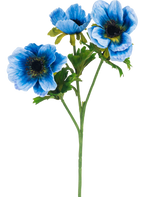 Den kunstige blomsteranemone dobbelt 56 cm blå har en enkelt grøn stilk med tre blå anemoneblomster og flere grønne blade, afbildet mod en almindelig hvid baggrund.