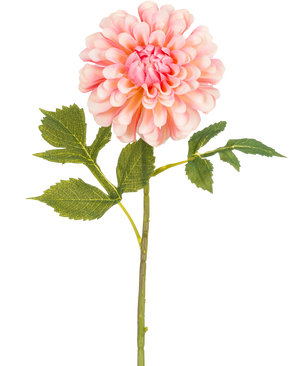 Artificial Flower Dahlia 50 cm pink er en enkelt pink kunstig dahlia med lagdelte kronblade og en grøn stilk med tre sæt takkede blade, mod en hvid baggrund.