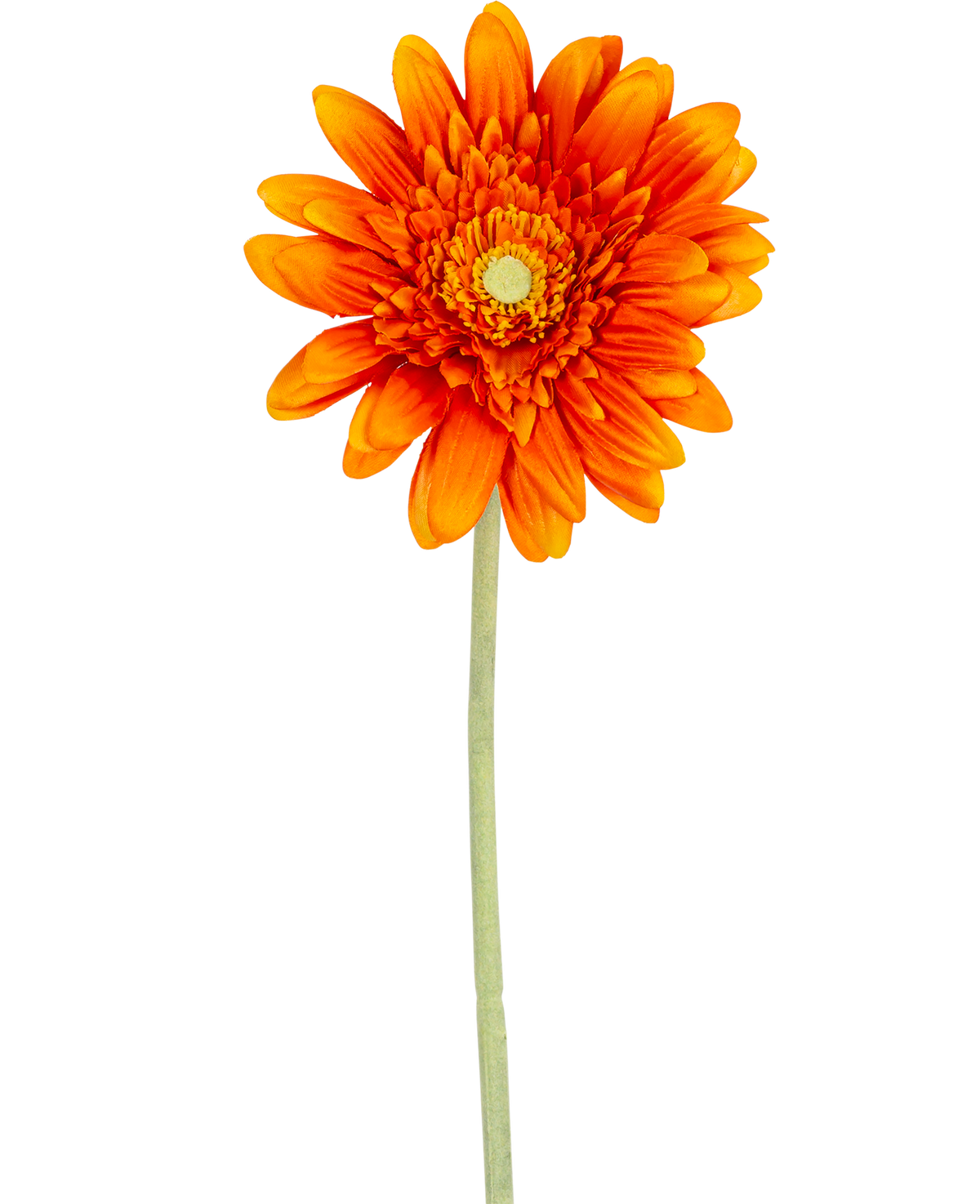 Artificial Flower Gerbera 53 cm orange har en levende orange gerbera med lagdelte kronblade og et gult hjerte, på en lang grøn stilk mod en almindelig hvid baggrund.