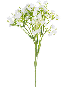 En enkelt kunstig gren af Baby's Breath måler 46 cm med små, sarte hvide blomster og grønne stængler mod en almindelig hvid baggrund.