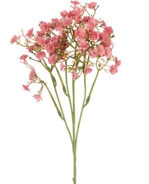Artificial Gypsophila Branch 48 cm vintage pink har en enkelt grøn stilk med flere tynde grene, hver dekoreret med bundter af små, runde lyserøde blomster, alt sammen mod en almindelig hvid baggrund.