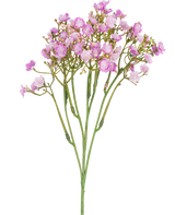 Artificial Gypsophila Branch 46 cm pink har sarte lyserøde baby's breath blomster med små, runde kronblade på tynde grønne stilke, mod en hvid baggrund.