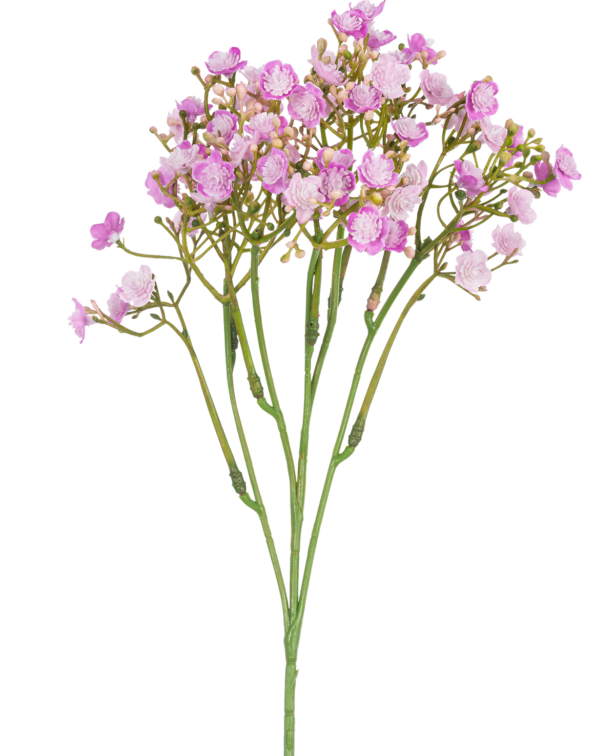 Artificial Gypsophila Branch 46 cm pink har sarte lyserøde baby's breath blomster med små, runde kronblade på tynde grønne stilke, mod en hvid baggrund.