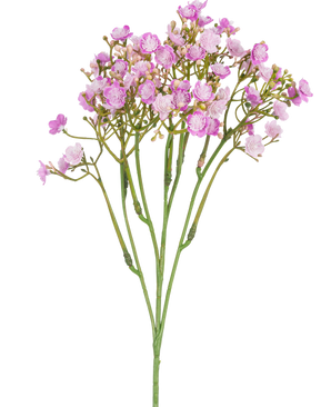 Artificial Gypsophila Branch 46 cm pink har sarte lyserøde baby's breath blomster med små, runde kronblade på tynde grønne stilke, mod en hvid baggrund.