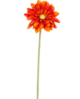 Artificial Flower Gerbera mini 47 cm blød orange er en kunstig tusindfryd med lagdelte kronblade, et gult hjerte og en lang grøn stilk, isoleret på en hvid baggrund.