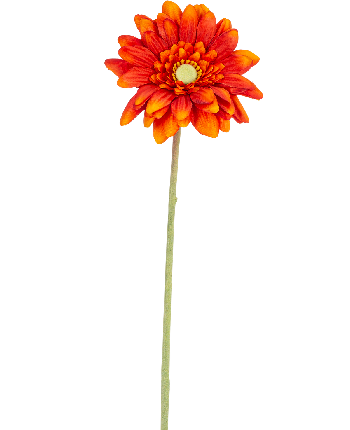 Artificial Flower Gerbera mini 47 cm blød orange er en kunstig tusindfryd med lagdelte kronblade, et gult hjerte og en lang grøn stilk, isoleret på en hvid baggrund.