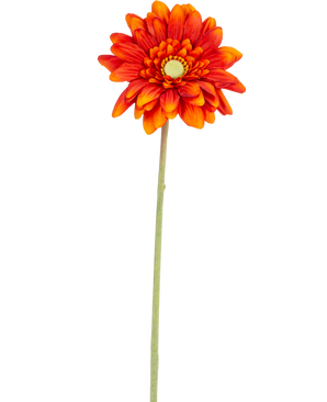 Artificial Flower Gerbera mini 47 cm blød orange er en kunstig tusindfryd med lagdelte kronblade, et gult hjerte og en lang grøn stilk, isoleret på en hvid baggrund.