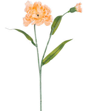 Den Kunstige Blomsternelliker 40 cm fersken er en kunstig nellike i lys fersken med grønne blade og en lille uåbnet knop, afbildet på hvid baggrund.