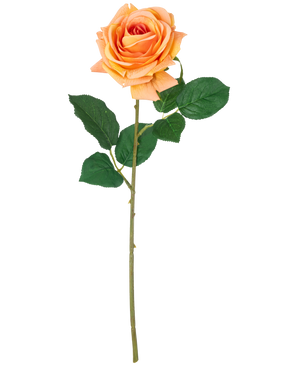 En kunstig blomst Crystal touch fugtgivende rose Real Touch fersken, 43 cm høj med grønne blade, vist på en almindelig hvid baggrund.
